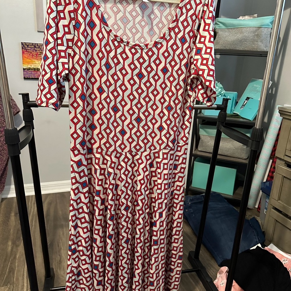 LuLaRoe Red and White Midi Sundress with 3/4 Sleeves